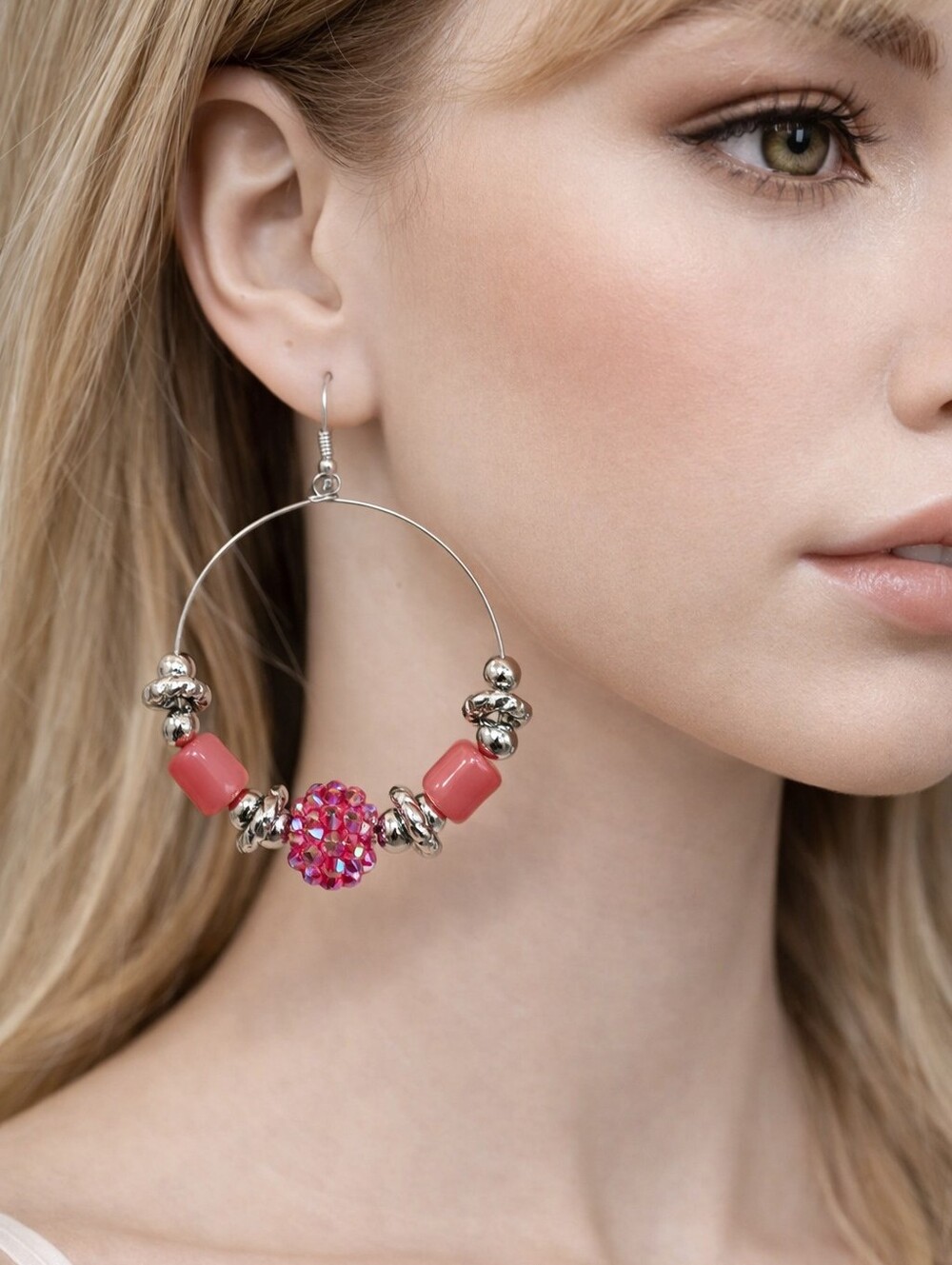 Pastel Collection Silver & Pink Beaded Hoop Earrings – Women’s Fashion Jewelry